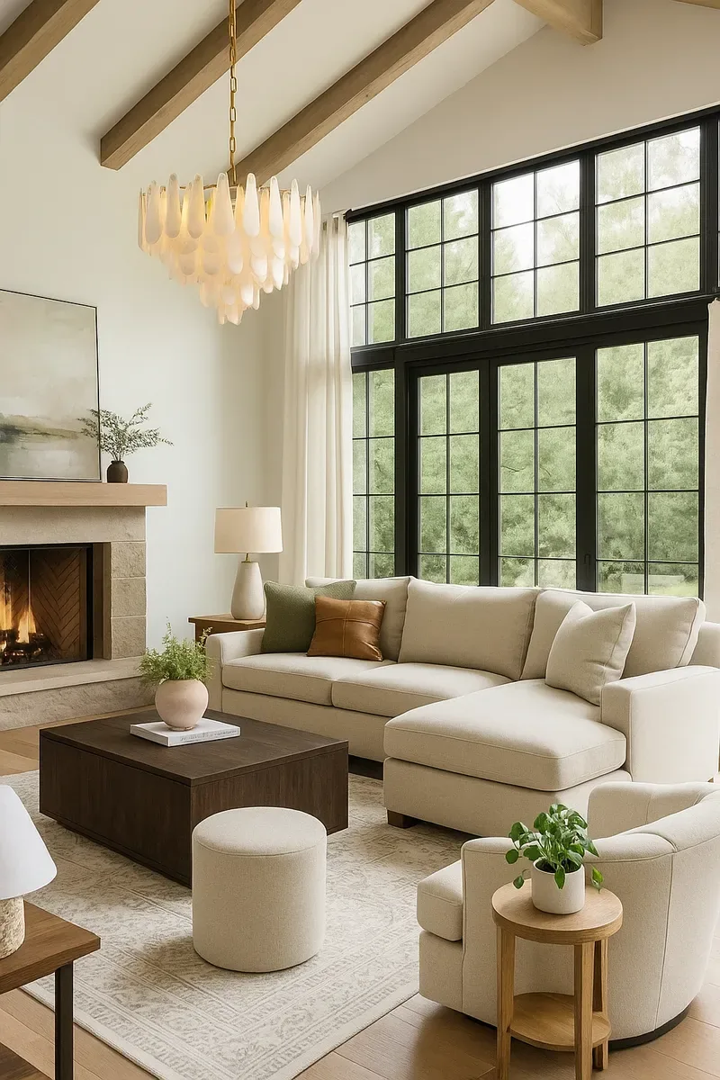 Living room 3D visualisation with a fireplace and black windows