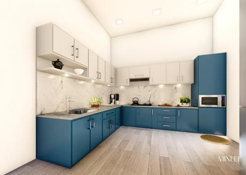 Kitchen 3D visualisation with blue cabinets