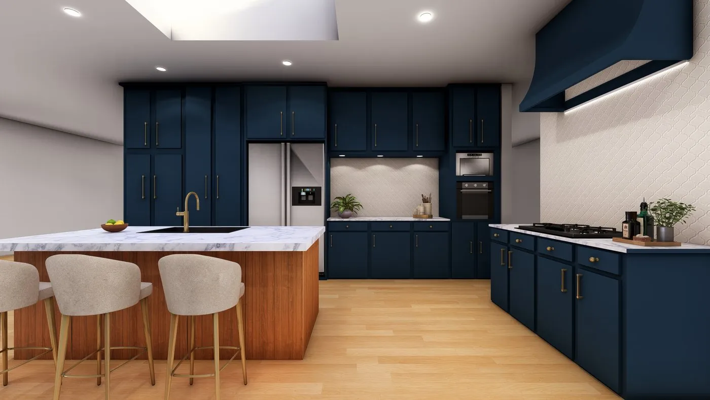 Photorealistic 3D rendering of a navy kitchen with a walnut island